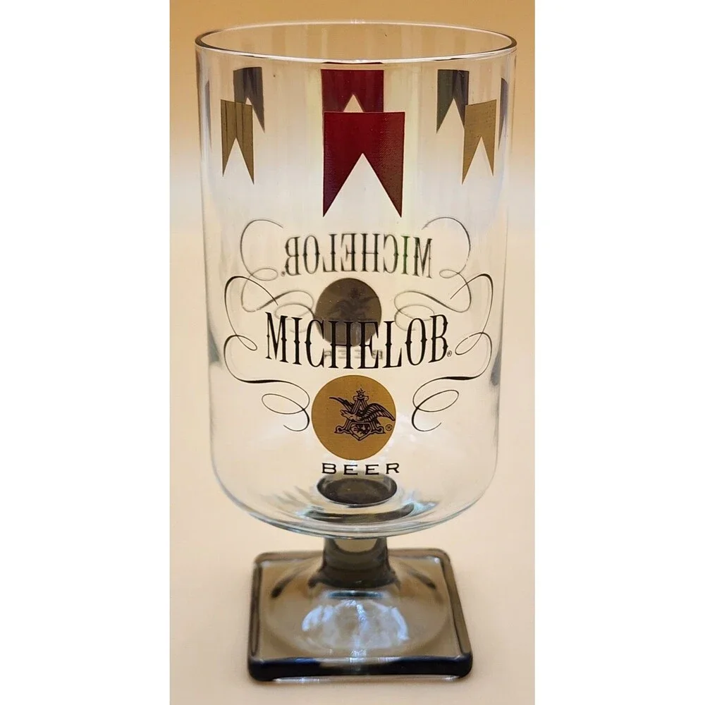 Set Of Six (6) Vintage Michelob Beer Glasses Square Footed Stem Base